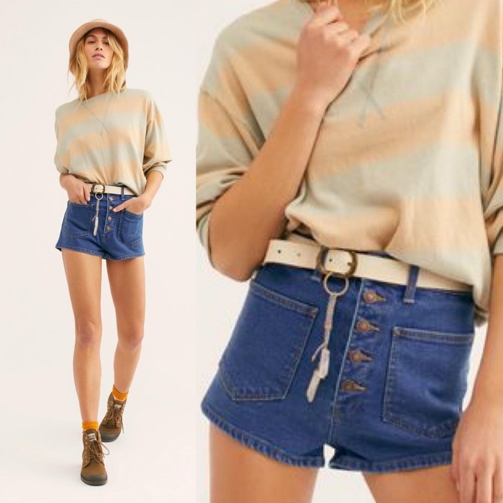 NWT Free People Bridgette Denim High‎ Rise Shorts Size 27 Blue Jeans Retro Boho